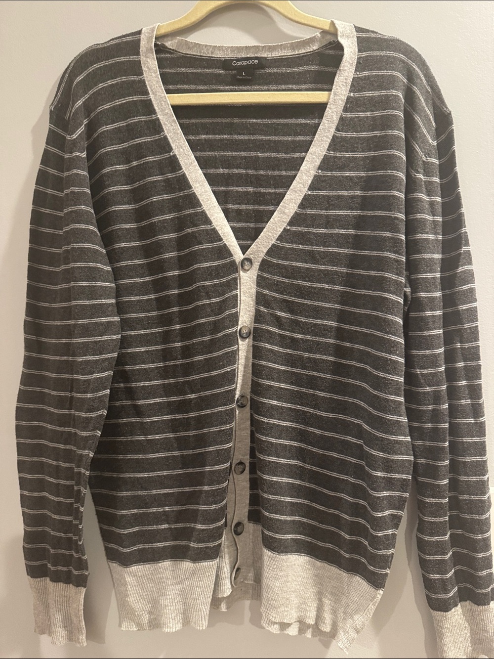 Carapace Striped 100% Cotton V-Neck Cardigan Sweater Large Cotton